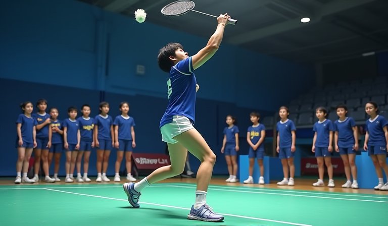 奧原希望於羽球教室指導台灣青少年選手揮拍要領。