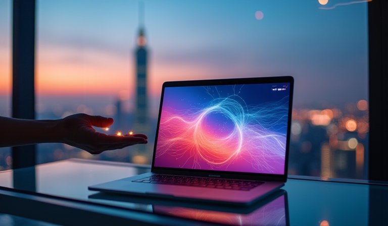 門市人員向民眾展示 MacBook Neo，並說明 AI 科技應用與資費。