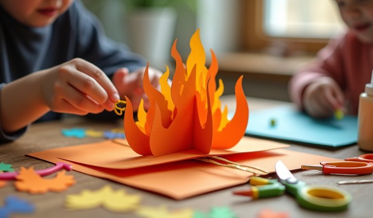 父母與孩子在桌前共同動手製作聖經故事立體書。
