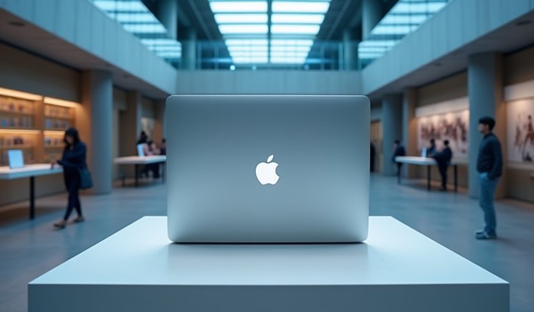 台灣大哥大門市展示 MacBook 筆電與 5G 資費專案。
