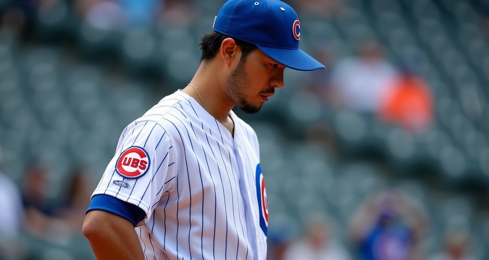 今永昇太身穿小熊隊球衣在投手丘投球，神情嚴肅且凝重。