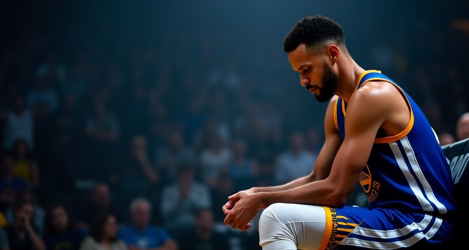 史蒂芬柯瑞低頭手扶膝蓋，神情凝重展現復原不順的憂心。