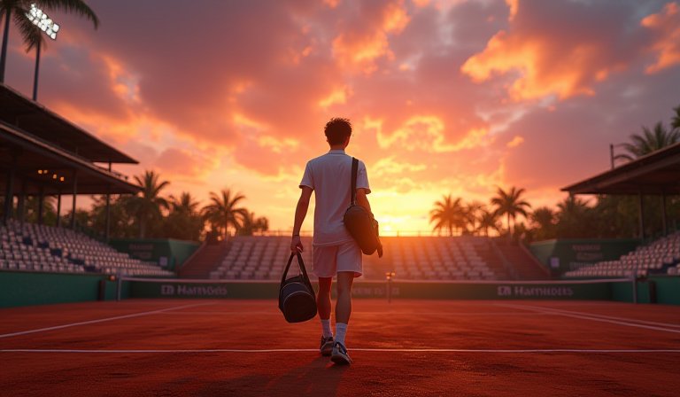 男子網球選手在紅土球場底線奮力揮擊來球。