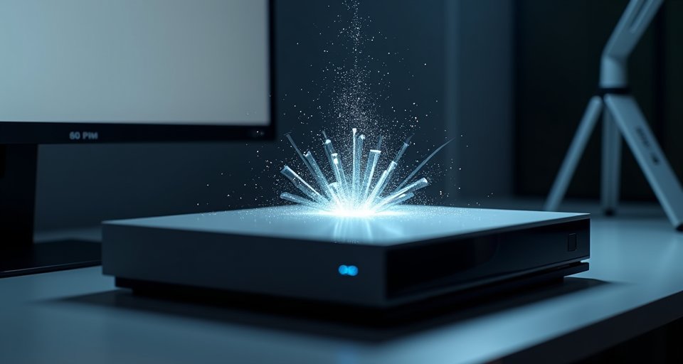 放置在電腦螢幕旁的 PS5 主機與無線手把。