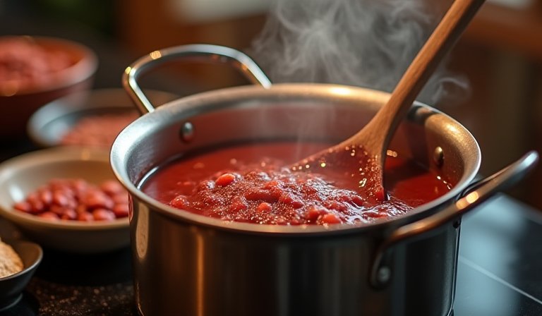 湯匙舀起質地綿密且顆粒完整的紅豆湯，展現軟爛質感。