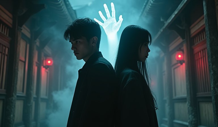 塗善存與嚴正嵐在陰森氛圍下緊握雙手，面露驚恐神情。