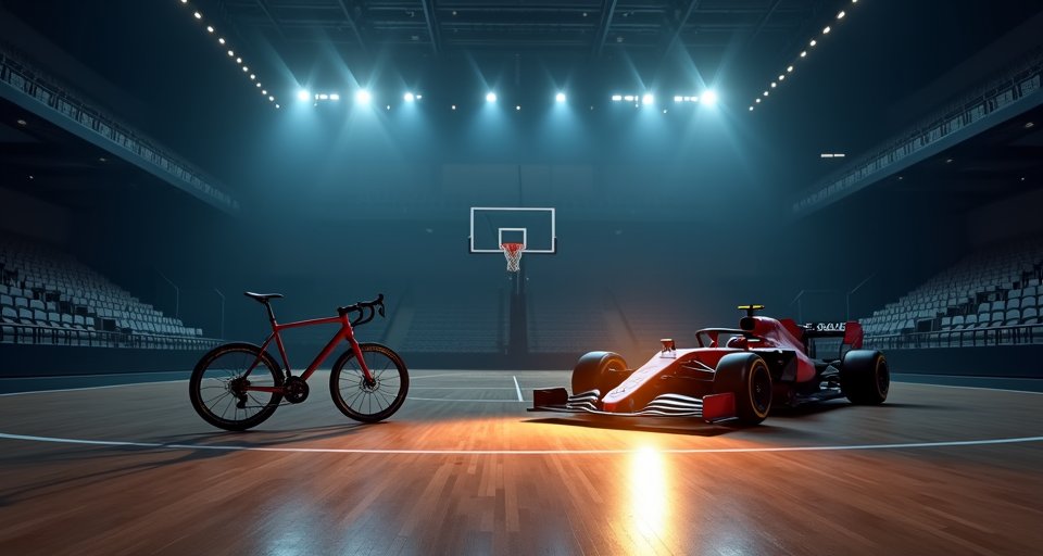 賽道上併行的腳踏車與F1賽車，象徵極大的戰力落差。