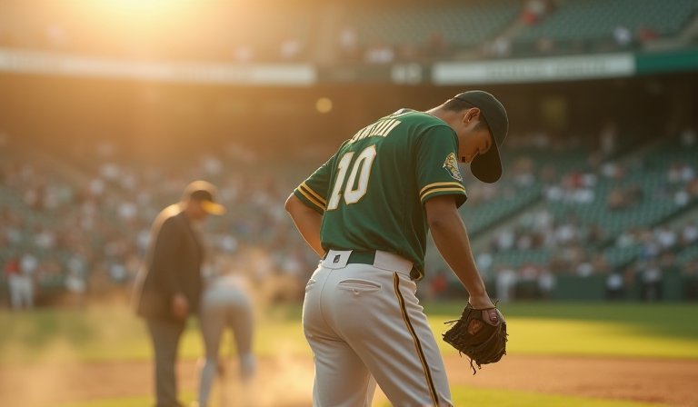 運動家隊投手今井達也在大聯盟賽場投球，神情顯得凝重。