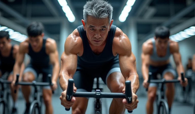 58歲李興文專注騎乘健身車，展現精實肌肉與強大體能
