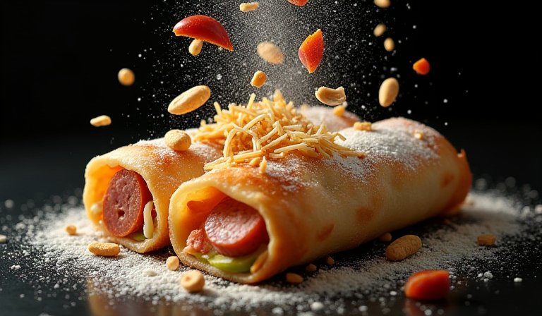 潤餅包裹滿滿花生粉與糖粉，內餡搭配蛋酥呈現高熱量。