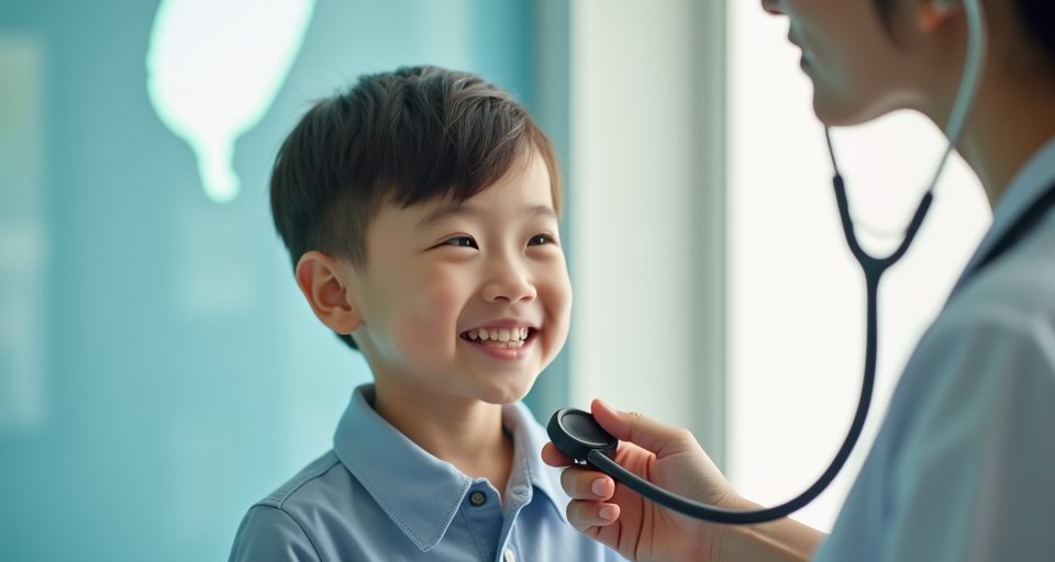 父母帶著幼兒就診，呈現政府補貼學齡前兒童健保費的政策意象。