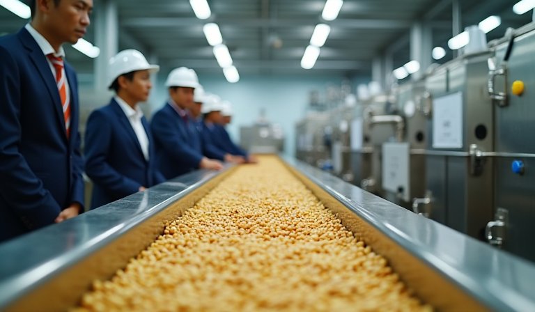 桃園農業專家赴印尼實地參訪大豆加工廠與生產流程。