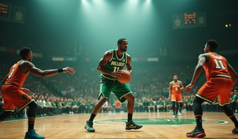 塔圖姆身穿塞爾提克綠色球衣，在球場上專注運球推進。