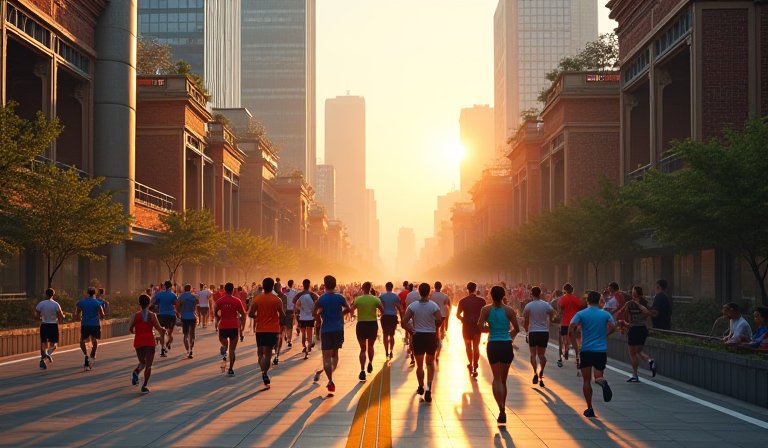 跑者跑過亦莊開發區，背景為現代化大樓與綠色住宅。