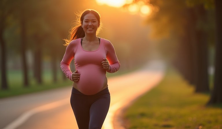 懷孕36週的女性挺著孕肚於戶外道路上規律慢跑