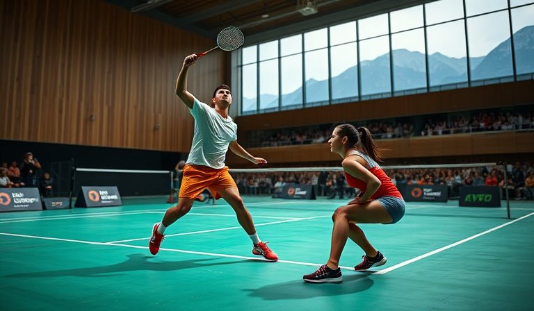 詹又蓁與葉宏蔚在瑞士羽球賽場上，展現混雙絕佳默契。