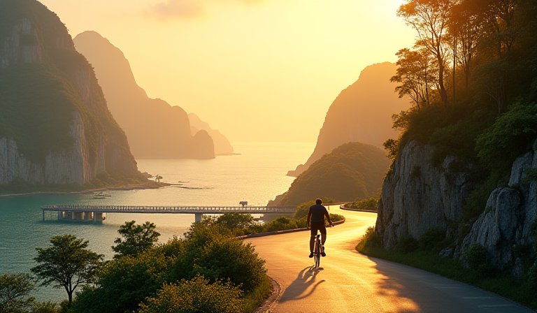 民眾在金灣濱海自行車道騎單車，飽覽山海交融美景。