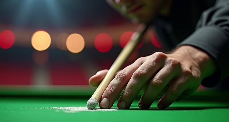 傅家俊於司諾克球檯前俯身瞄準，展現重返巔峰的鬥志