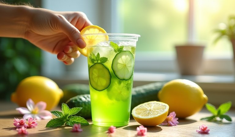 黃瓜香檸綠手搖飲，杯身旁圍繞新鮮黃瓜與黃檸檬切片。