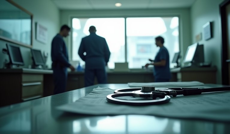 醫療人員在診間內翻閱並整理堆疊的產婦病歷文件。