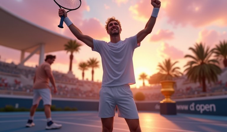 辛納在邁阿密網球公開賽奪冠，高舉獎盃慶祝勝利。