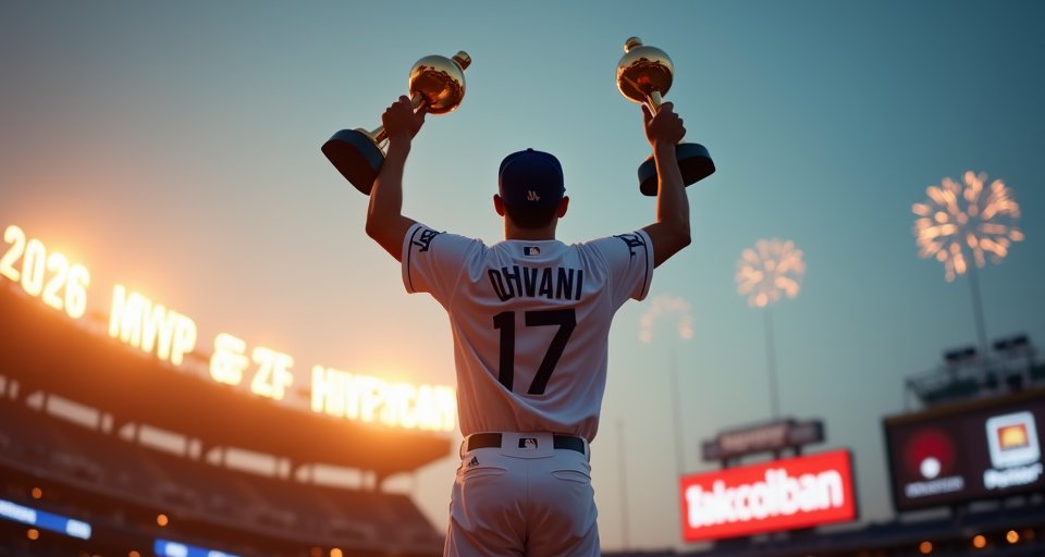 大谷翔平身穿道奇球衣，同時手持 MVP 與賽揚獎座。