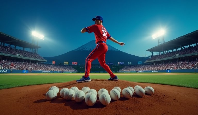 棒球員在場上奮力投球，多個行動裝置同步直播賽事。