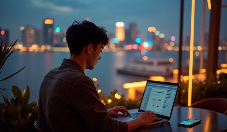 MacBook 與手機並列桌面，呈現 5G 行動生產力與跨裝置整合情境。