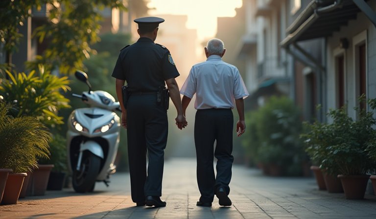 士林員警在路邊細心照料身體不適的單車長者。