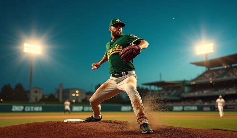 澳洲棒球隊員穿著綠金球衣，在球場上專注揮棒奮戰。