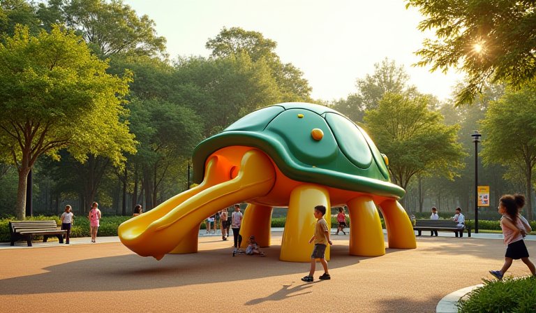 下營公園烏龜造型攀爬設施，搭配藍綠色防滑地墊。
