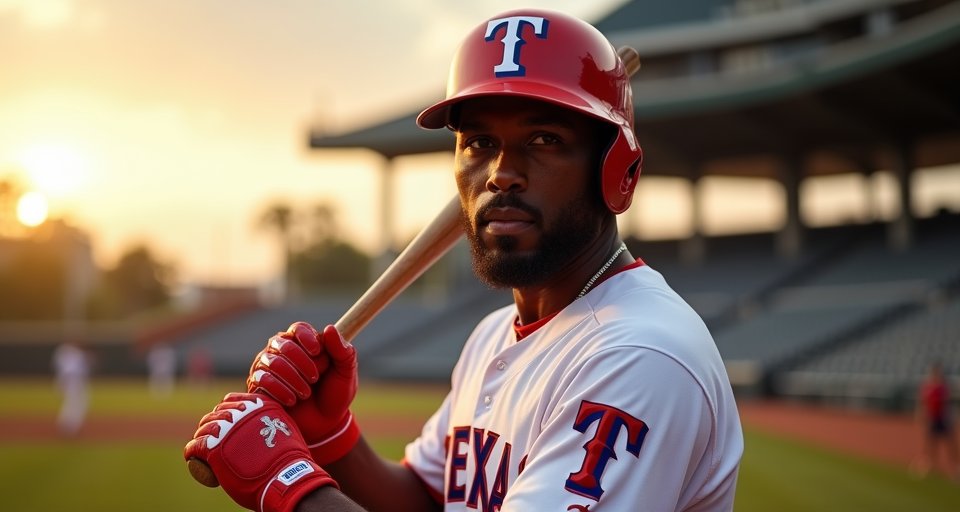 麥卡琴身穿德州遊騎兵球衣，在球場上準備揮棒打擊。