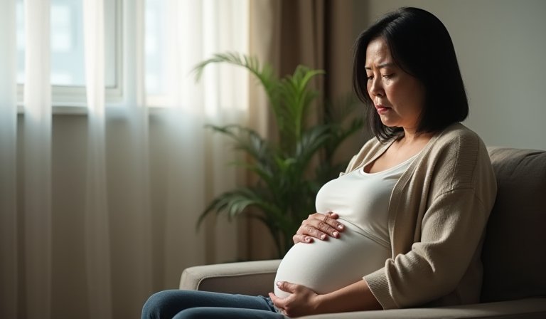 女性腹部異常隆起如懷孕，雙手扶著下腹部面露不適。