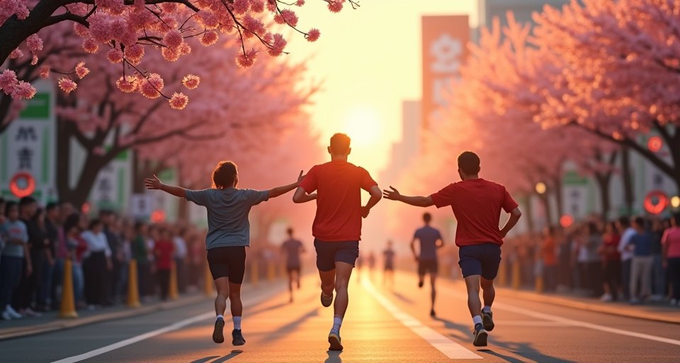 許家傑在東京街頭挑戰全程馬拉松，神情專注邁向終點。