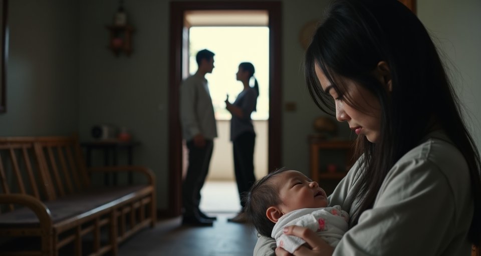 丈夫在客廳護著哭泣的妻子，並與神情嚴肅的婆婆對話。