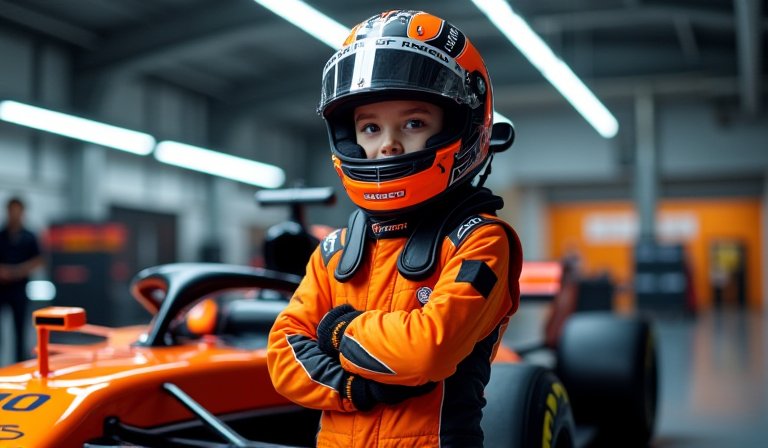 11歲車手哈里威廉斯身穿橘黑賽車服，坐在卡丁車內。