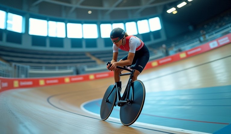 場地單車選手在室內木質傾斜賽道上全力衝刺。