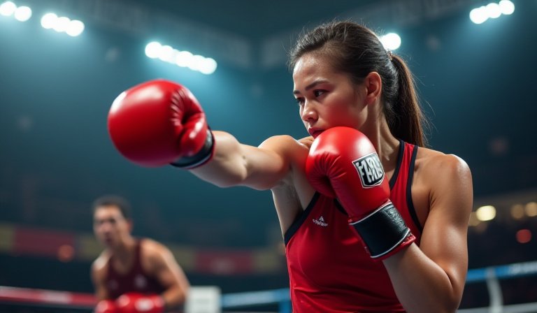 黃筱雯在亞錦賽擂台精準出拳，展現世界第一技術優勢。
