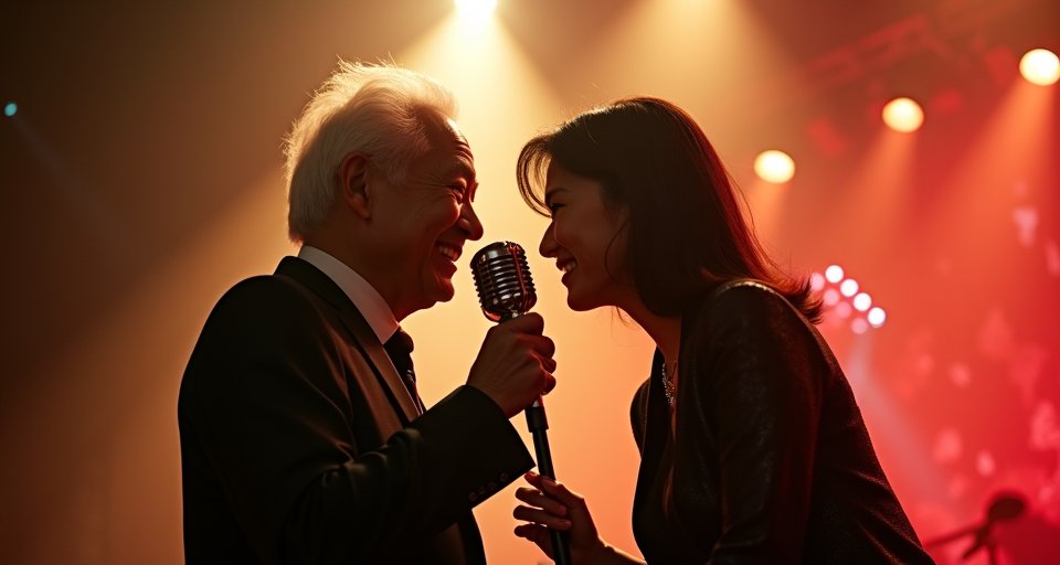 楊烈與女兒楊舞子在演唱會舞台上，深情對唱日文經典歌曲。