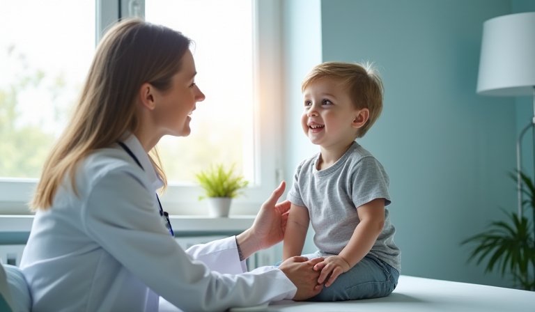兒科醫師在診間溫柔地為幼兒聽診，呈現專業醫療照護。
