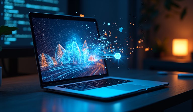 Mac 筆電顯示 3DMark 效能測試與 3D 渲染畫面