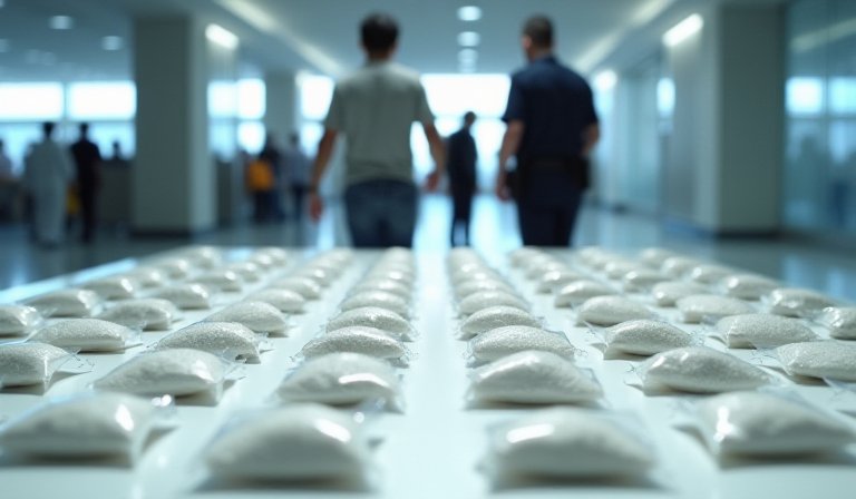 海關人員在機場查驗藏匿在建築材料夾層中的白色粉末。