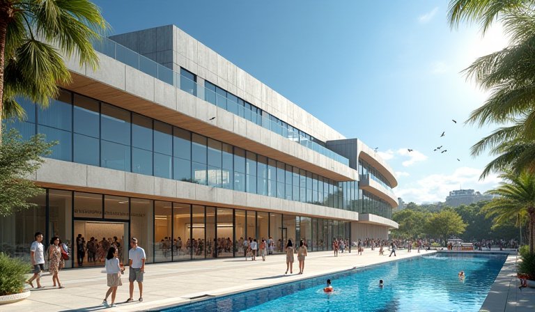 小港運動中心鋼構建築融入綠意，內設溫水泳池與球場。