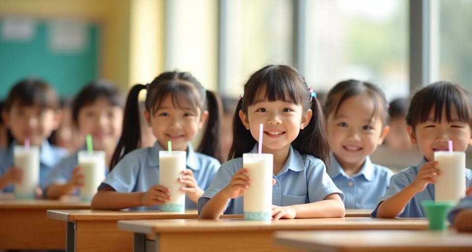 彰化縣幼兒園學童在教室裡開心飲用國產鮮乳。