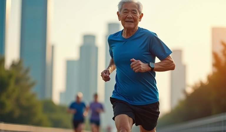 90歲亞裔教授權裕在大溫地區自然步道上晨跑。