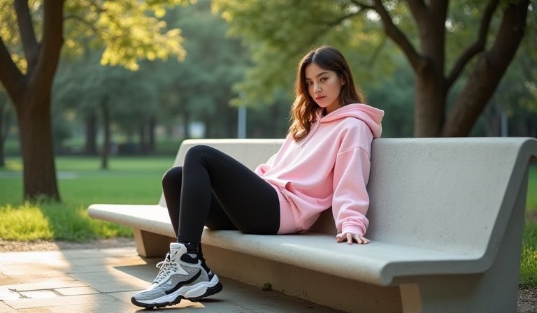 女子身穿質感運動服漫步街頭，完美融合機能與日常時尚。