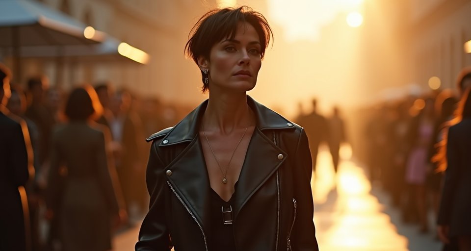 黛咪摩爾身穿全黑皮革連身裝與短髮，現身米蘭時裝週。