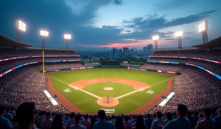 台南亞太棒球中心主球場座無虛席，萬名球迷熱情觀賽。