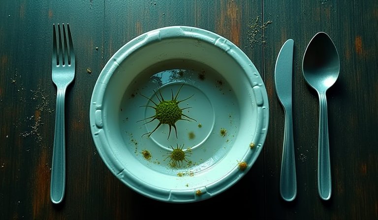 餐廳櫃檯上整桶裸裝且無防塵遮蔽的免洗筷與湯匙。