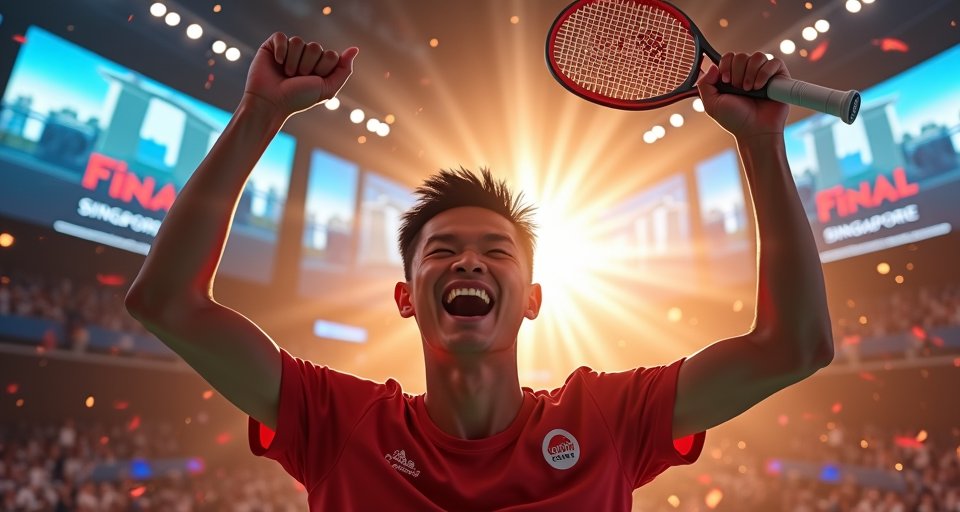 林昀儒在新加坡桌球大滿貫賽中全神貫注揮拍擊球。